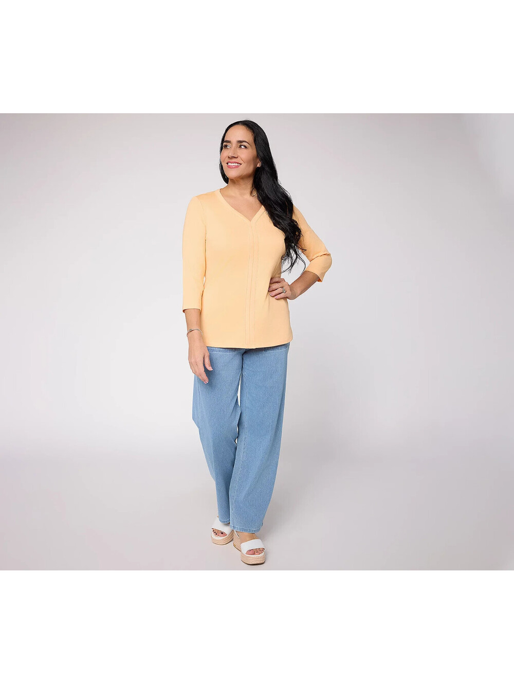 Denim & Co. Essentials Favorite Jersey 3/4 Sleeve V-Neck Top Tiger Lily,L #29C
